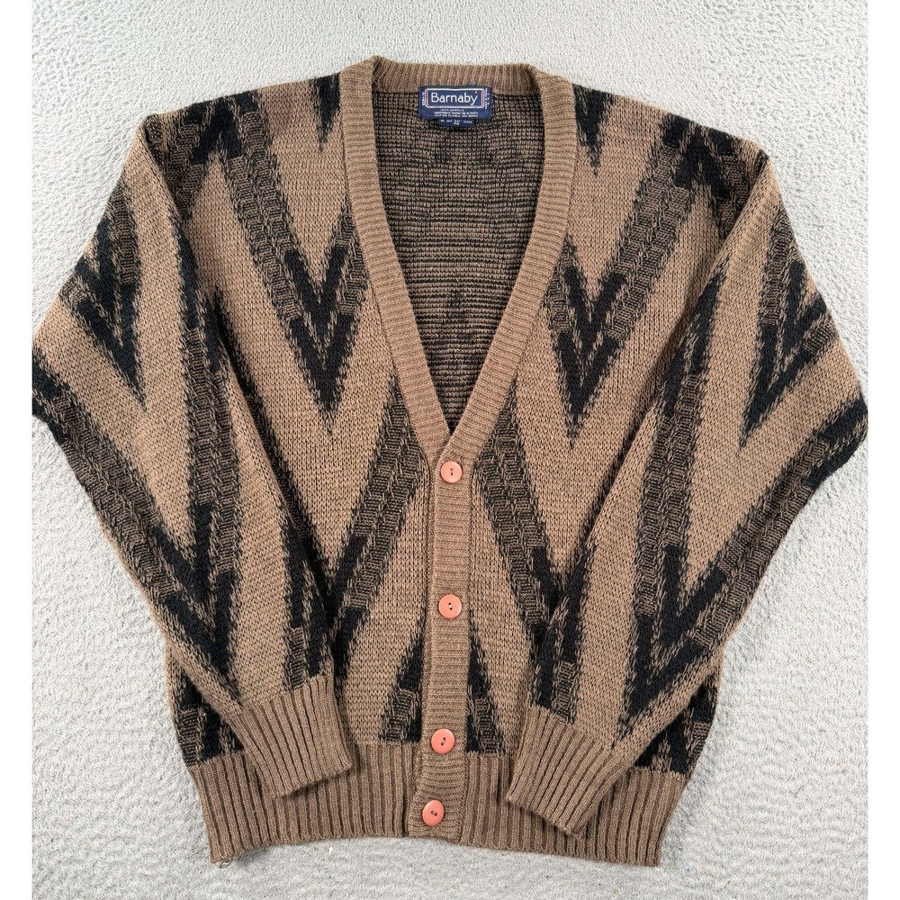 Vintage Barnaby Sweater Cardigan Men Medium Brown Black Zigzag Geometric Grandpa